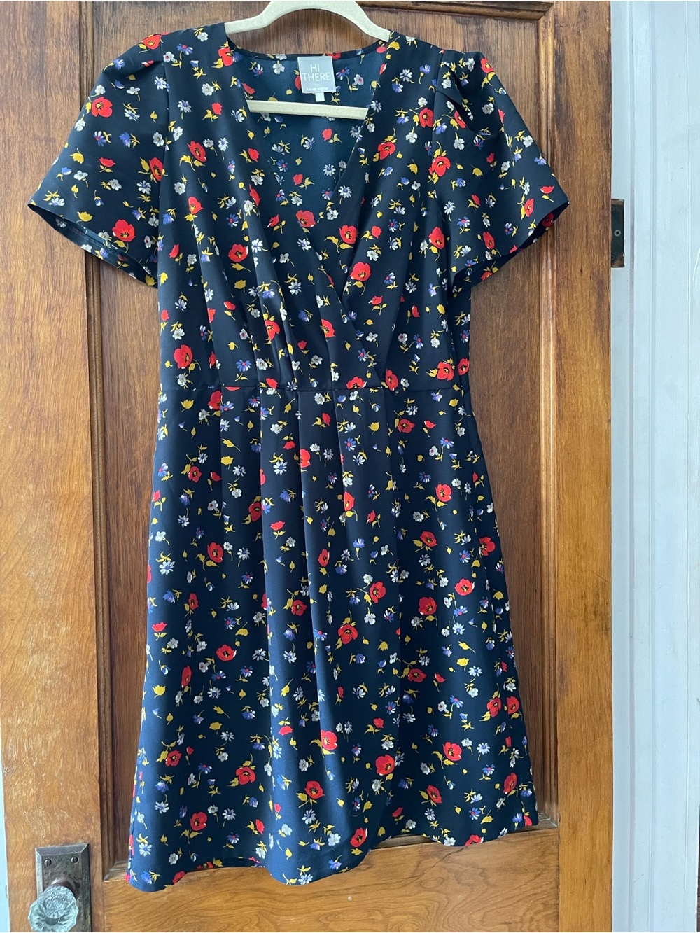 Anthropologie Black Midi Dress with Red, Yellow & Cream Floral Print